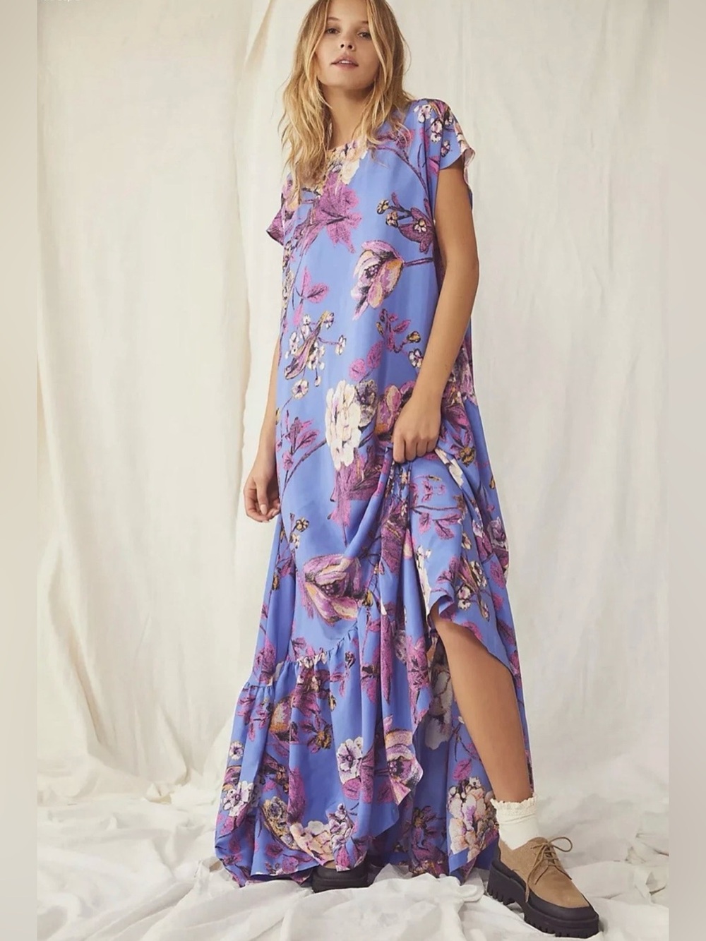 Free People Blossom Silk Floral Maxi Dress Purple Blue Boho Romantic Size XL NWT